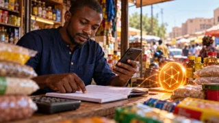 Un commerçant examine un registre et un téléphone dans sa boutique, près d’un jeton numérique lumineux conceptuel.