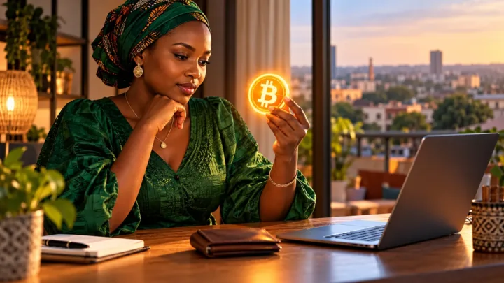 A woman in green clothing looks at a glowing Bitcoin symbol and a wallet beside her computer.