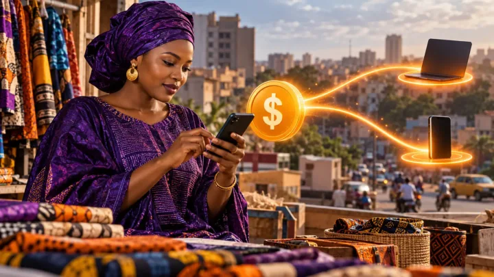 A female merchant examines two glowing digital paths near her phone and a conceptual dollar symbol.