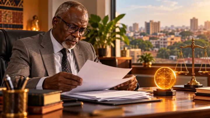 Un juriste en veste grise étudie des documents près d’une balance et d’un jeton numérique conceptuel.