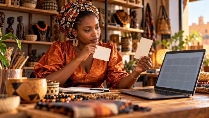 Une entrepreneuse compare des fiches de critères et une interface numérique abstraite dans un atelier.