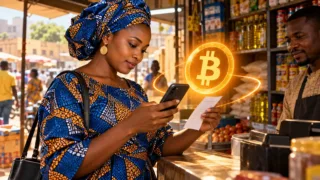 Une femme vérifie un reçu et un téléphone devant un comptoir, avec un symbole Bitcoin lumineux conceptuel.