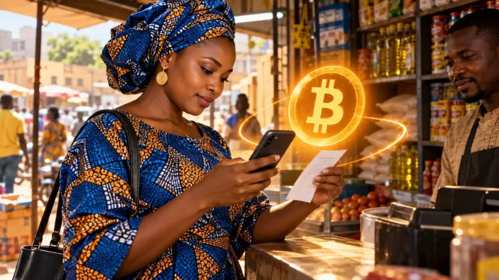 Une femme vérifie un reçu et un téléphone devant un comptoir, avec un symbole Bitcoin lumineux conceptuel.