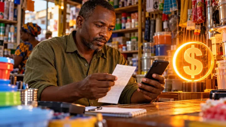 Un commerçant rapproche un reçu d’un téléphone, près d’un symbole dollar lumineux dans une boutique.