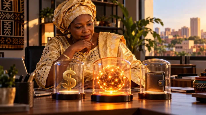 Une femme examine des contenants conceptuels montrant dollar, réseau et portefeuille dans un espace de travail.