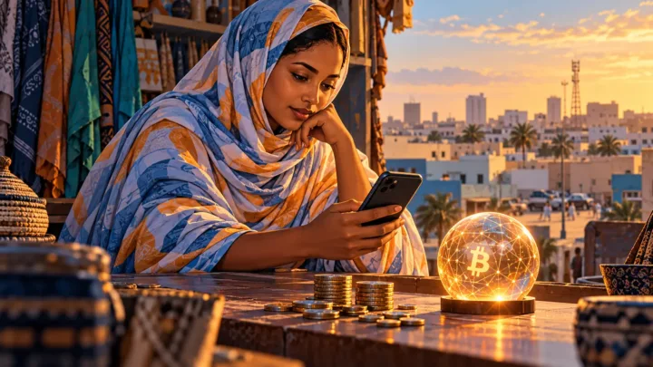 Une commerçante mauritanienne observe des pièces neutres, un téléphone et un globe numérique sur un comptoir.
