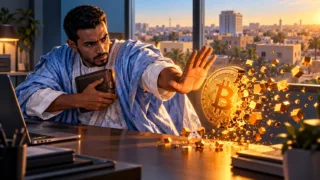 A Mauritanian technician safeguards a wallet while a Bitcoin coin projects small glowing fractions.