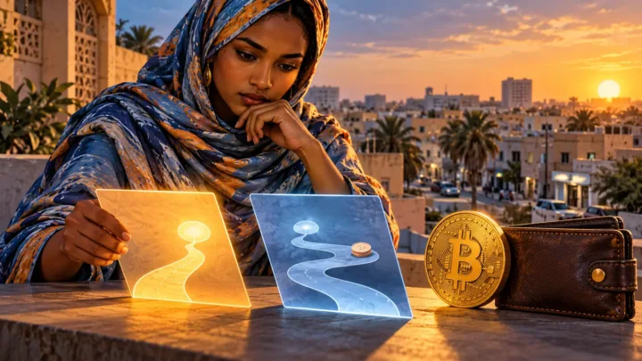 Une acheteuse mauritanienne compare deux devis abstraits face à une pièce Bitcoin et un portefeuille fermé.