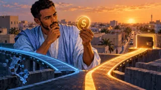 Un entrepreneur mauritanien examine un jeton dollar générique au croisement de deux réseaux numériques distincts.