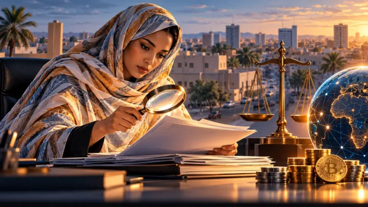 Une juriste mauritanienne examine une loupe et des documents neutres près d’une balance et d’une sphère numérique.