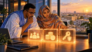 Deux professionnels mauritaniens étudient un circuit de clients, de paiements et de clés sous forme de modules lumineux.