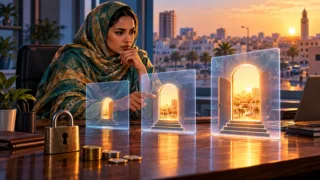 Une entrepreneuse mauritanienne compare trois interfaces abstraites et un cadenas dans un bureau contemporain.