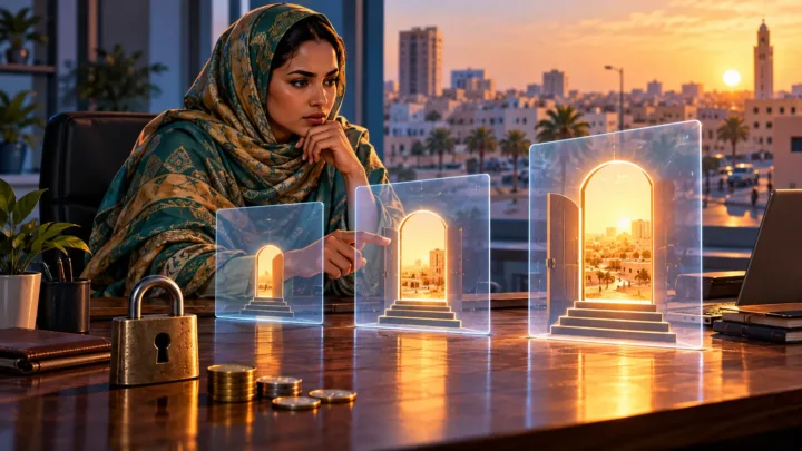 Une entrepreneuse mauritanienne compare trois interfaces abstraites et un cadenas dans un bureau contemporain.
