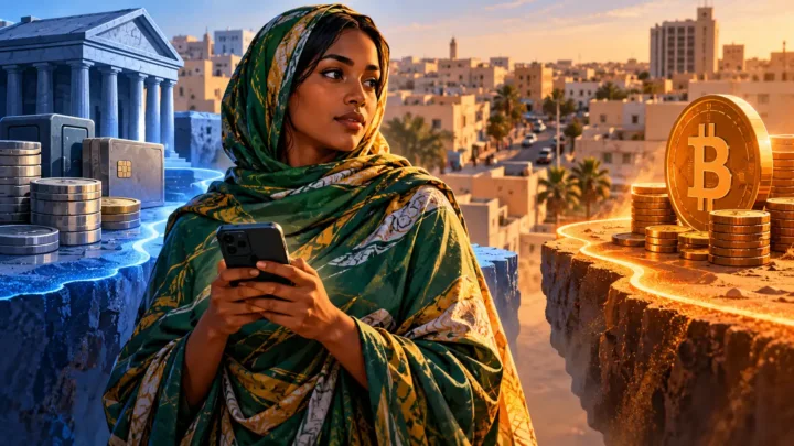 A Mauritanian woman holds a phone beside two separate channels, one monetary and the other symbolized by Bitcoin.