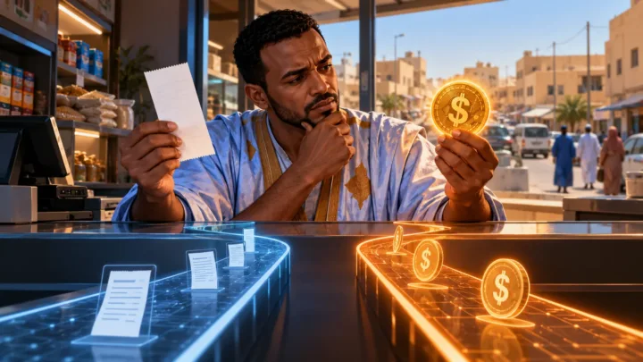 A Mauritanian merchant compares a bank receipt with a dollar token across two unconnected digital paths.