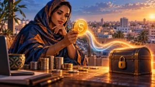 A Mauritanian businesswoman compares a dollar token, plain coins and a safe on a worktable.