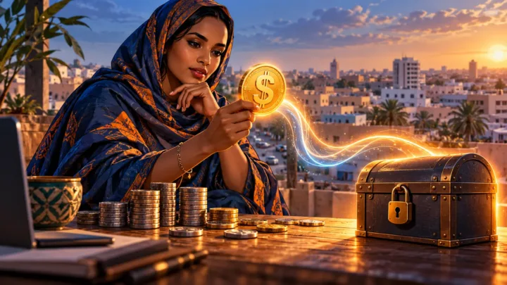 A Mauritanian businesswoman compares a dollar token, plain coins and a safe on a worktable.