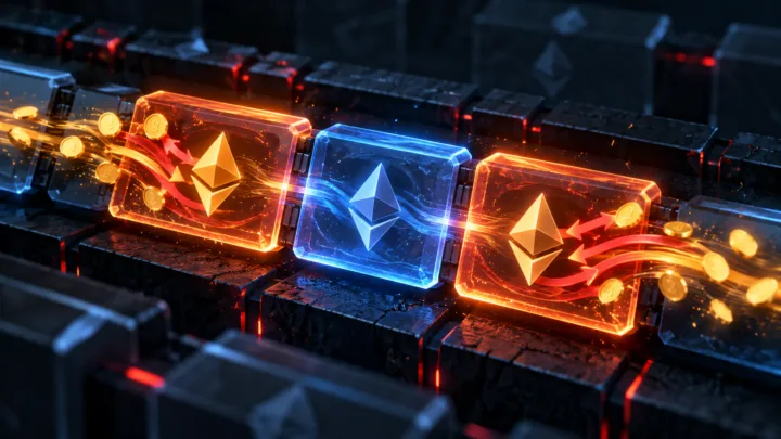 Stylized Ethereum transaction framed by two operations in a block