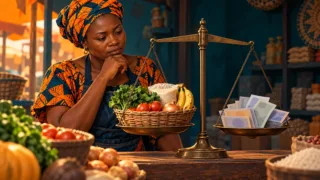 Commerçante africaine comparant des pièces et un panier alimentaire sur une balance stylisée