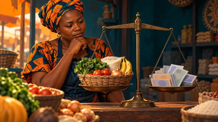 Commerçante africaine comparant des pièces et un panier alimentaire sur une balance stylisée