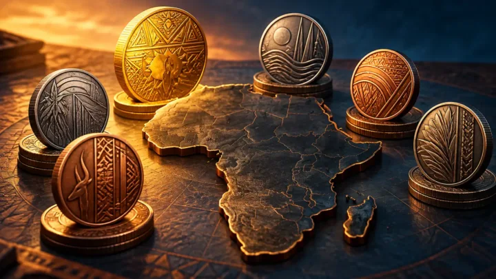 Pièces stylisées autour du continent africain pour comparer les monnaies africaines
