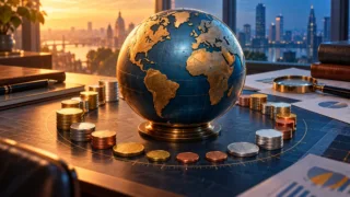 Globe et pièces stylisées représentant une comparaison internationale des monnaies