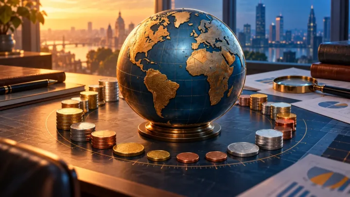 Globe et pièces stylisées représentant une comparaison internationale des monnaies