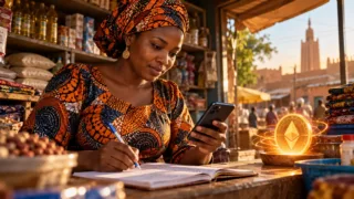 Une commerçante consulte son téléphone et un registre dans une boutique nigérienne, près d’un jeton numérique conceptuel.