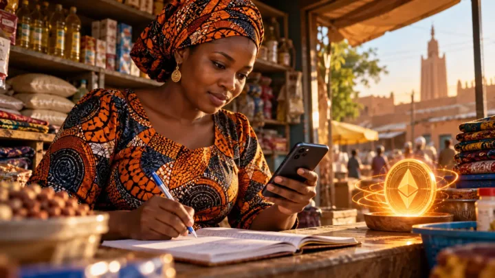 Une commerçante consulte son téléphone et un registre dans une boutique nigérienne, près d’un jeton numérique conceptuel.