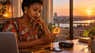 A woman examines a glowing Bitcoin symbol beside her phone and a black case in a contemporary interior.