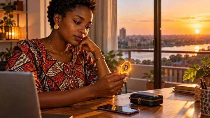 A woman examines a glowing Bitcoin symbol beside her phone and a black case in a contemporary interior.