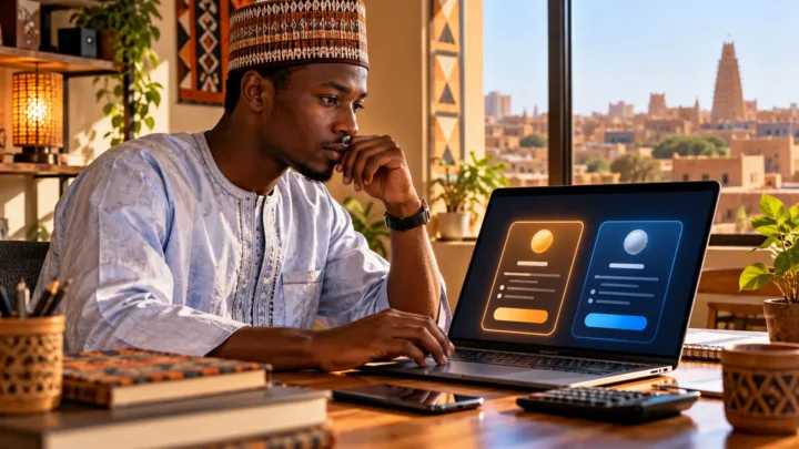 A man compares two abstract quotes on his computer with a calculator and phone in a Nigerien workshop.