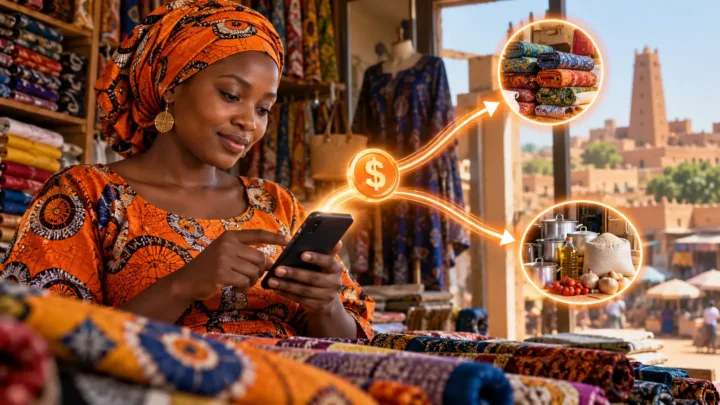 A female trader looks at her phone near a conceptual dollar token and two separate glowing paths.