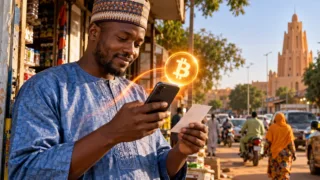 Un homme vérifie son téléphone et un reçu sans inscription devant une boutique, près d’un symbole Bitcoin lumineux.