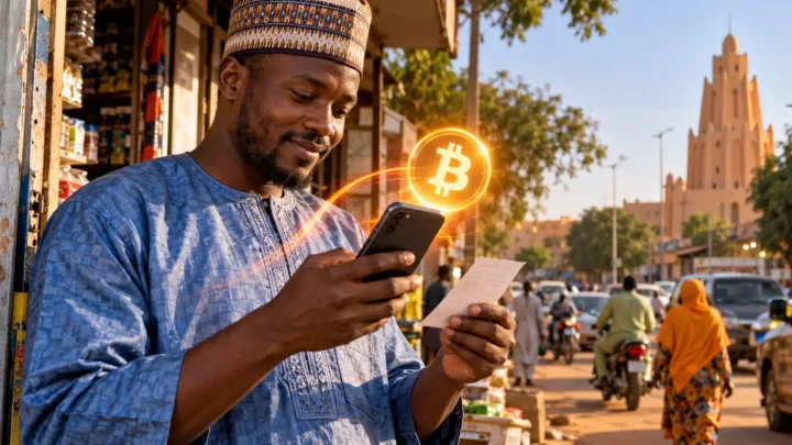 Un homme vérifie son téléphone et un reçu sans inscription devant une boutique, près d’un symbole Bitcoin lumineux.