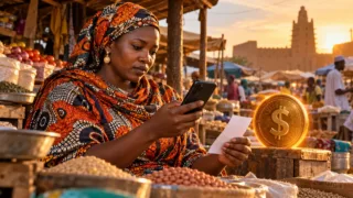 Une commerçante tient un reçu et consulte son téléphone près d’un symbole dollar conceptuel sur un étal de céréales.