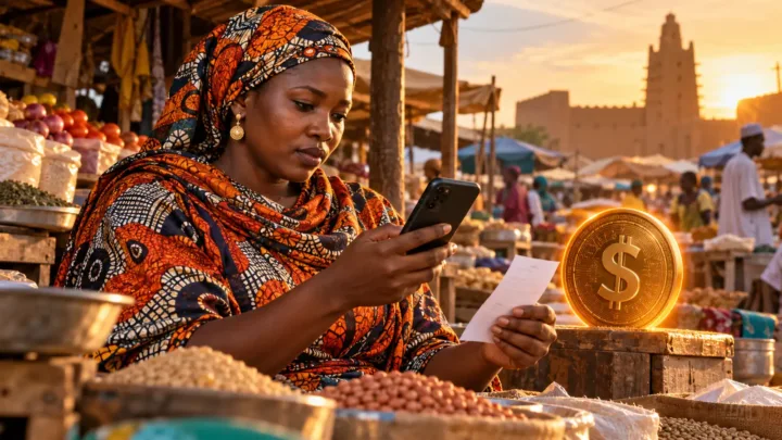Une commerçante tient un reçu et consulte son téléphone près d’un symbole dollar conceptuel sur un étal de céréales.