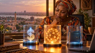 Une entrepreneuse examine trois contenants conceptuels associant dollar, réseau numérique et portefeuille dans un bureau.