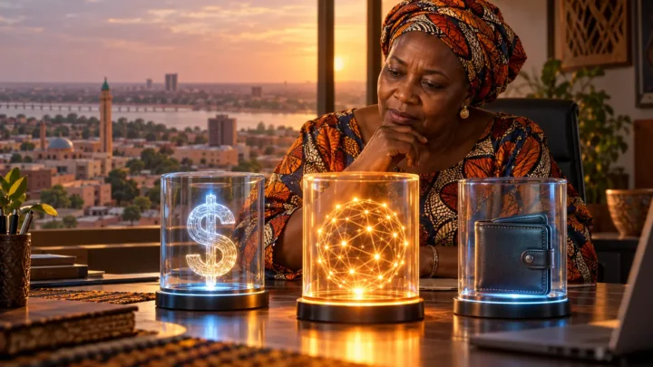 Une entrepreneuse examine trois contenants conceptuels associant dollar, réseau numérique et portefeuille dans un bureau.