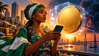 Entrepreneuse nigériane examinant un jeton numérique dans un cadre protecteur à Lagos