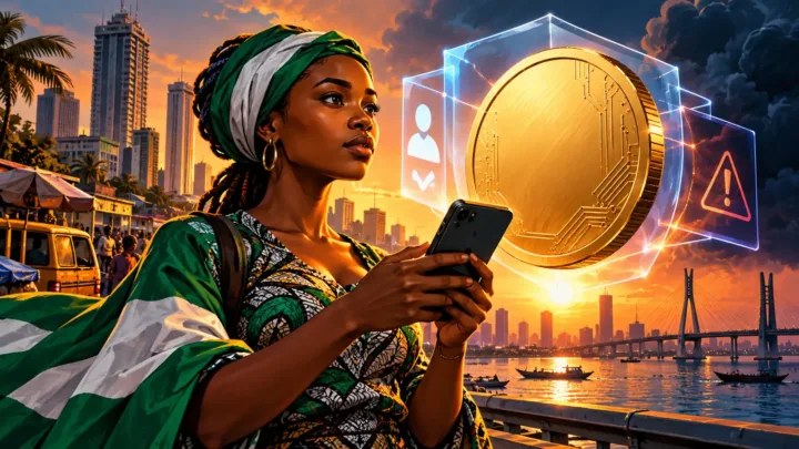 Entrepreneuse nigériane examinant un jeton numérique dans un cadre protecteur à Lagos