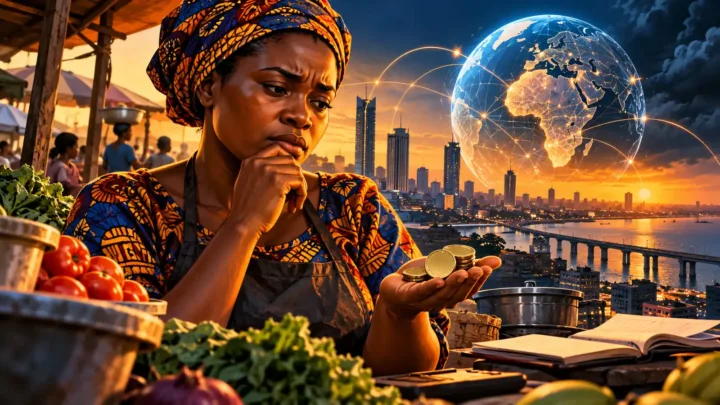 Commerçante nigériane comparant des pièces devant un réseau numérique lumineux