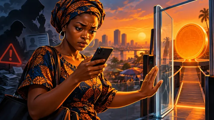 Femme nigériane vérifiant un paiement avant une porte numérique