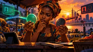 Commerçante nigériane comparant deux réseaux de transfert de tokens