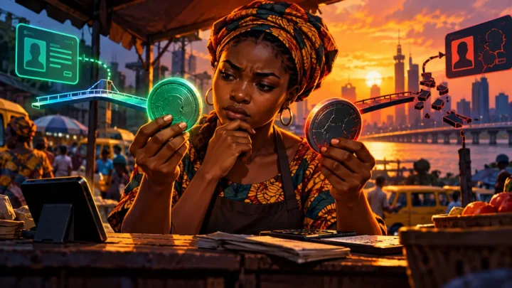 Nigerian shopkeeper comparing two token transfer networks