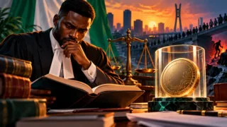 Juriste nigérian étudiant un livre devant une balance et un jeton numérique