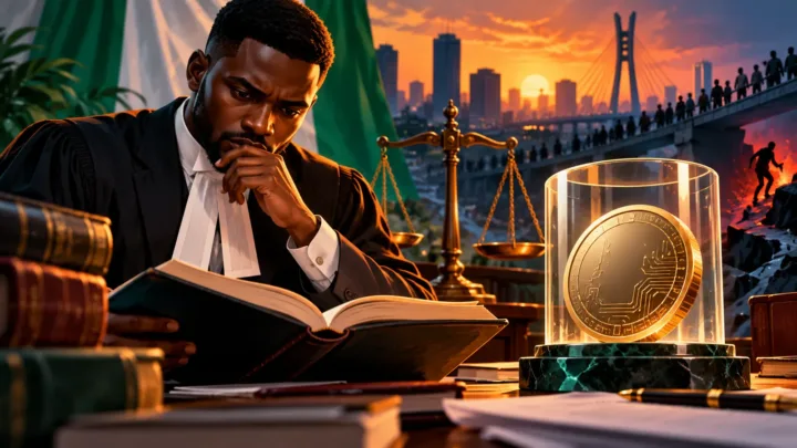 Juriste nigérian étudiant un livre devant une balance et un jeton numérique