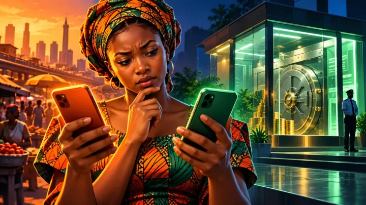 Femme nigériane comparant deux services de paiement distincts