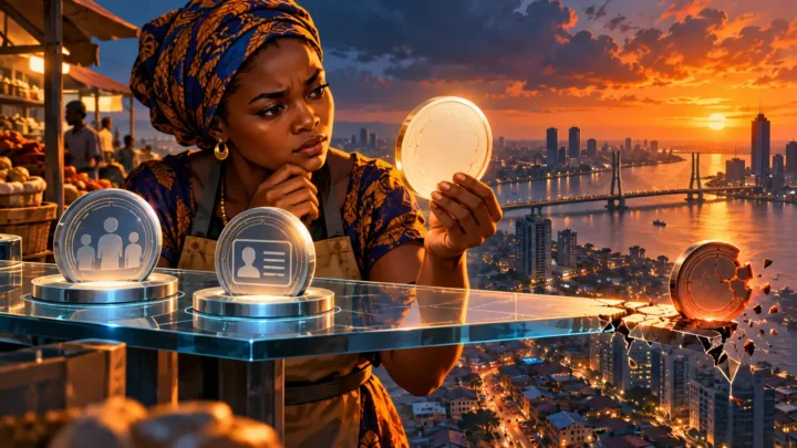 Entrepreneuse nigériane observant un jeton en équilibre sur une plateforme de verre