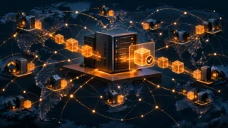 Ordinateur compact stylisé validant des blocs Bitcoin sur un réseau distribué